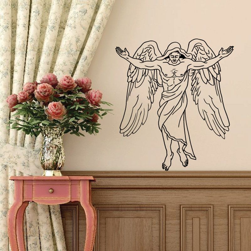 Looking-down angel decal with wings spread and arms raised, line-art style