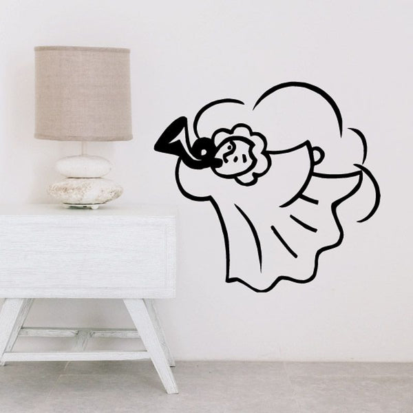 Black line-art angel playing trumpet wall decal