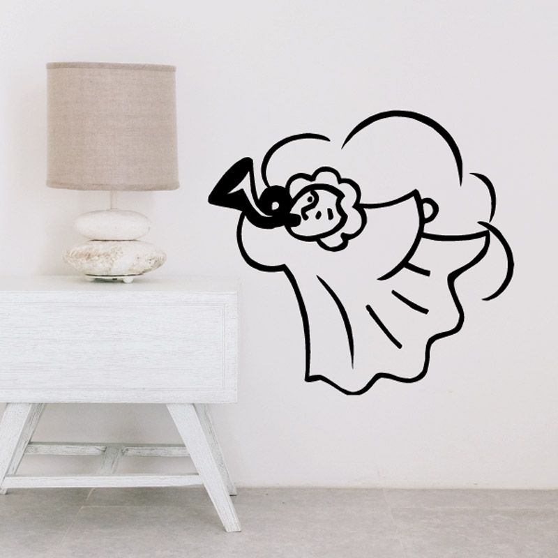 Black line-art angel playing trumpet wall decal
