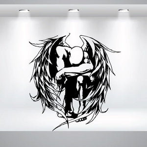Black winged angel praying wall decal with halo