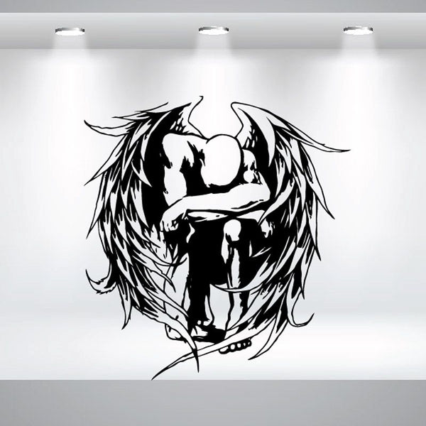 Black winged angel praying wall decal with halo