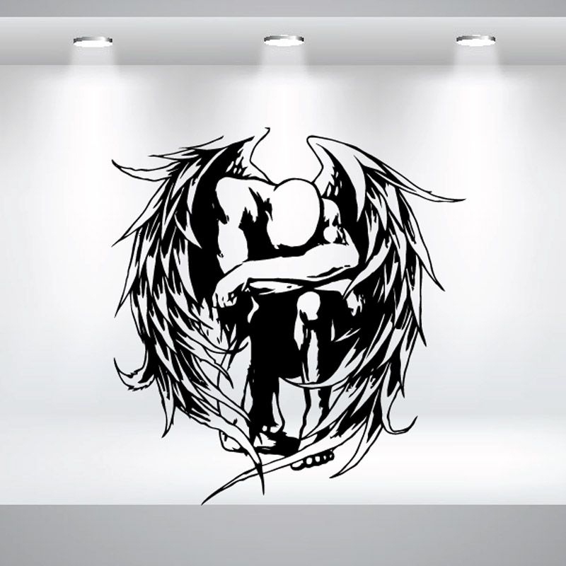Black winged angel praying wall decal with halo