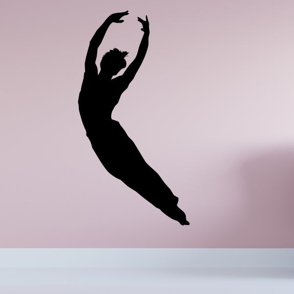 Black male ballet dancer leap decal silhouette, arms arched overhead