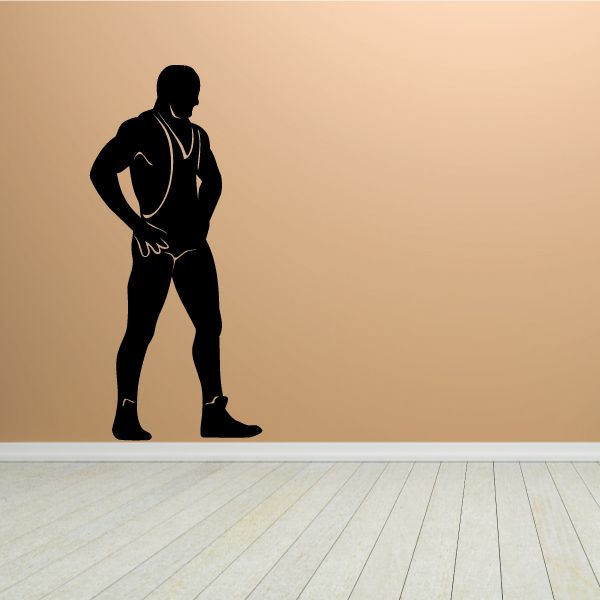 Male wrestler decal silhouette in black singlet, side pose with hands on thighs