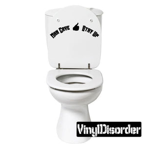 Toilet tank decal with black 'Man Cave Stay Up' lettering and hand sign graphic