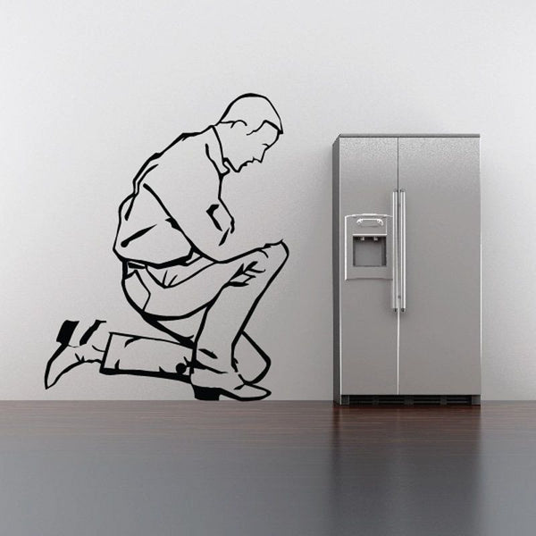 Praying kneeling man decal, black outline line art