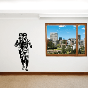 Black male runner decal sticker, two running silhouette figures in athletic outfits