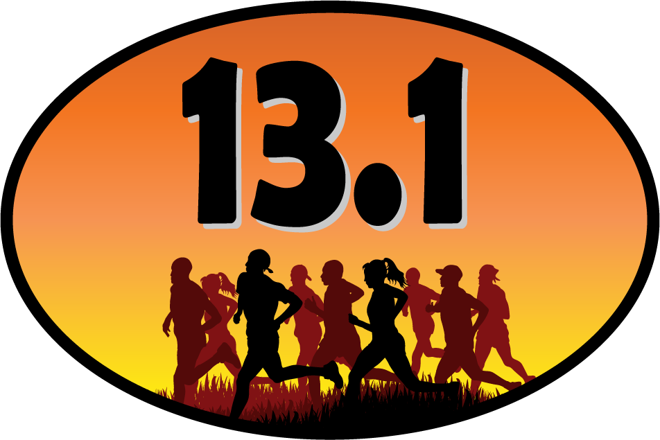 Oval 13.1 half marathon sticker with orange-yellow gradient, black 13.1 text, runner silhouettes
