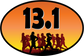 Oval 13.1 half marathon sticker with orange-yellow gradient, black 13.1 text, runner silhouettes