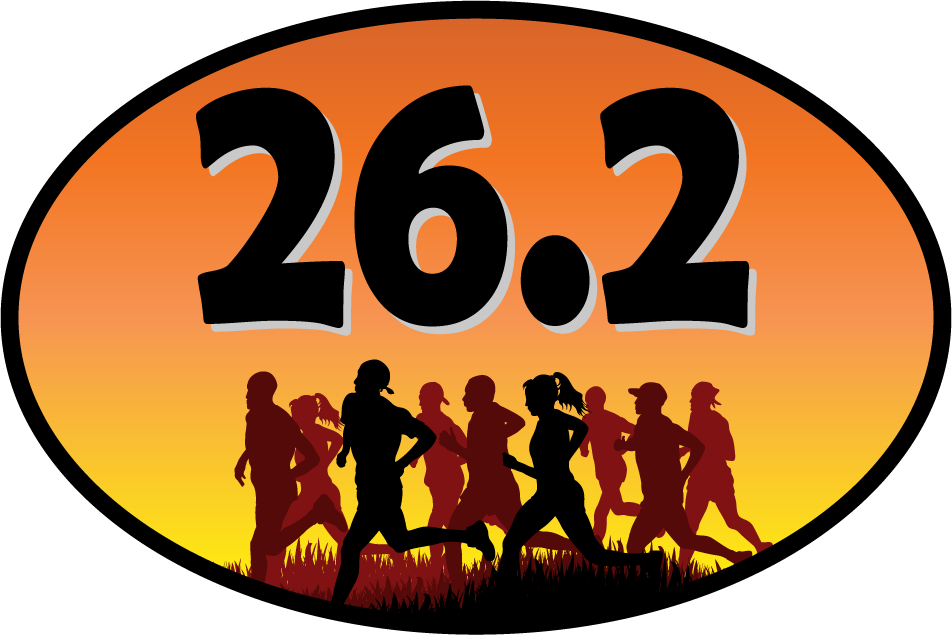 Oval 26.2 marathon sticker with orange-yellow gradient and running silhouettes