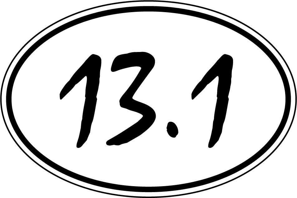 Oval 13.1 marathon sticker with black number 13.1 on white background