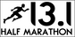 Half marathon runner vinyl decal with running silhouette, “13.1” and “HALF MARATHON” text