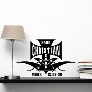 Christian wall decal in black with cross emblem and 'Mark 12:28-30' text