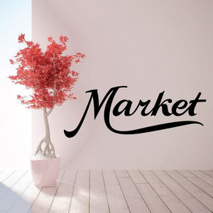 Market wall decal: black cursive 'Market' with red tree in a pot