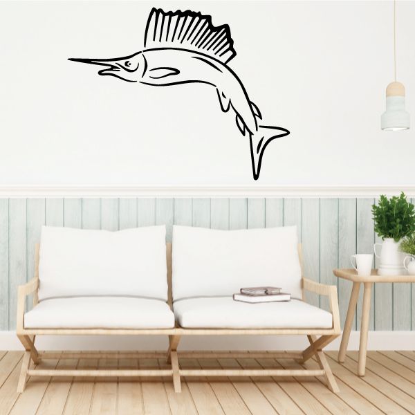 Marley the Marlin decal, black line-art marlin fish outline with fins