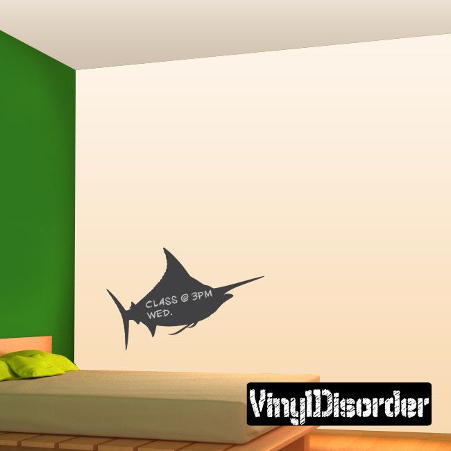 Marlin chalkboard decal of a flying fish with “CLASS & 3PM WED” lettering