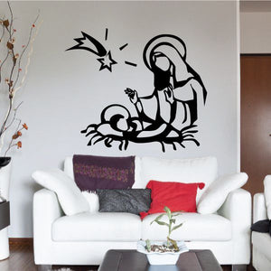 Mary with Jesus wall decal, black line art of Mary holding baby with star