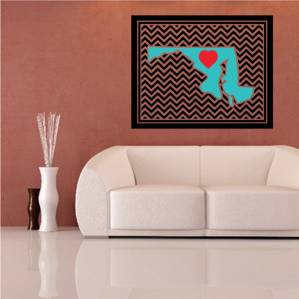 Rectangular Maryland chevron sticker with black zigzag border, teal state shape and red heart