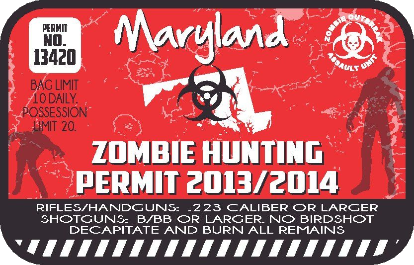 Red zombie hunting permit sticker showing Maryland outline and permit text