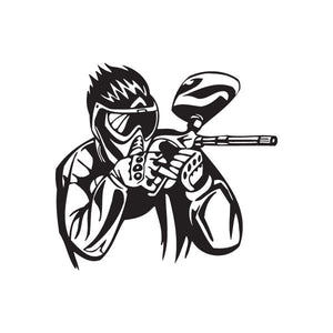 Paintball player decal with masked figure holding a paintball marker