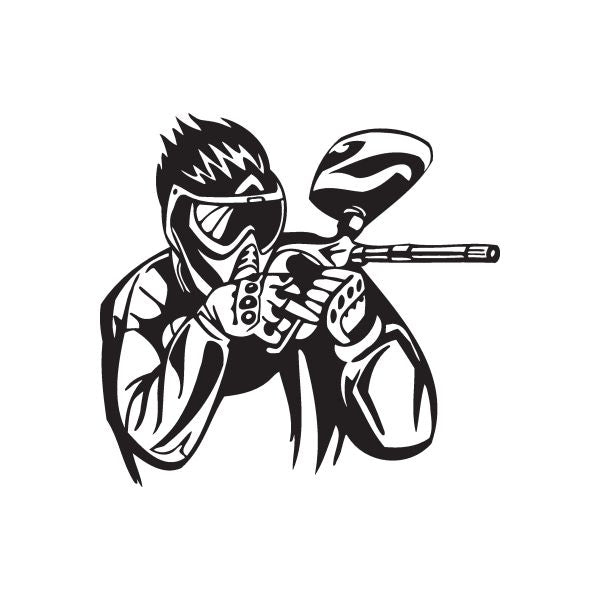 Paintball player decal with masked figure holding a paintball marker