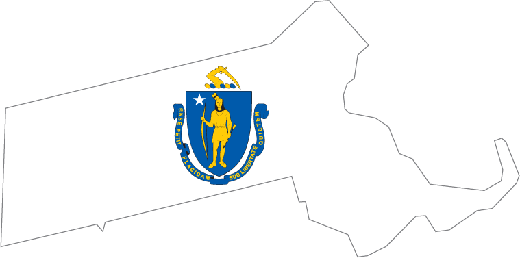 Massachusetts outline sticker with blue and yellow state flag design