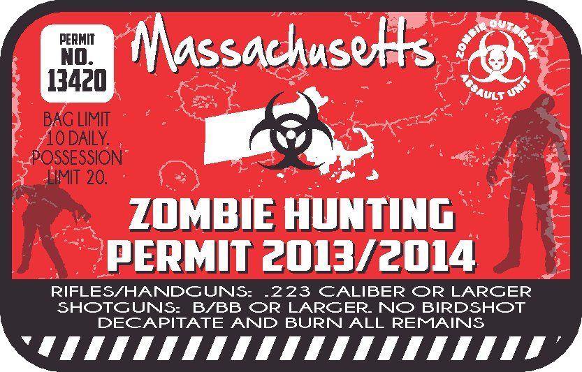 Red Massachusetts zombie hunting permit sticker with biohazard symbol and 2013/2014 text