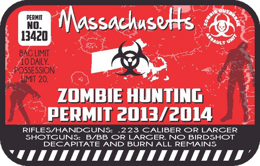 Red Massachusetts zombie hunting permit sticker with biohazard symbol and 2013/2014 text