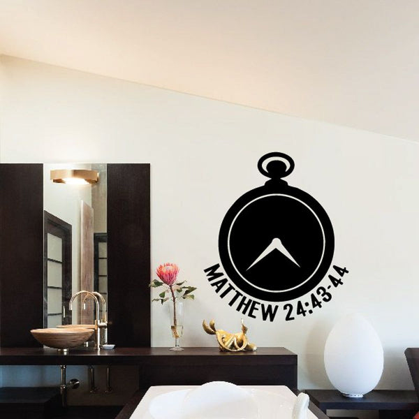 Stopwatch wall decal with black face and MATTHEW 24:43-44 text in white