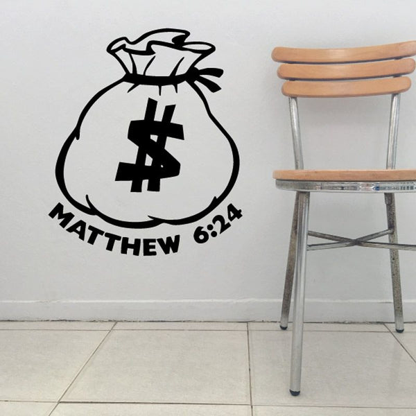 Black moneybag decal with dollar sign and MATTHEW 6:24 text