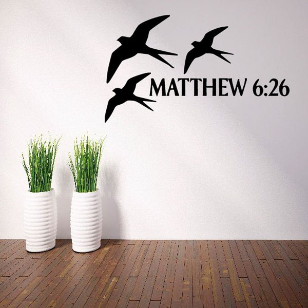 Wall decal with black bird silhouettes and “MATTHEW 6:26” text