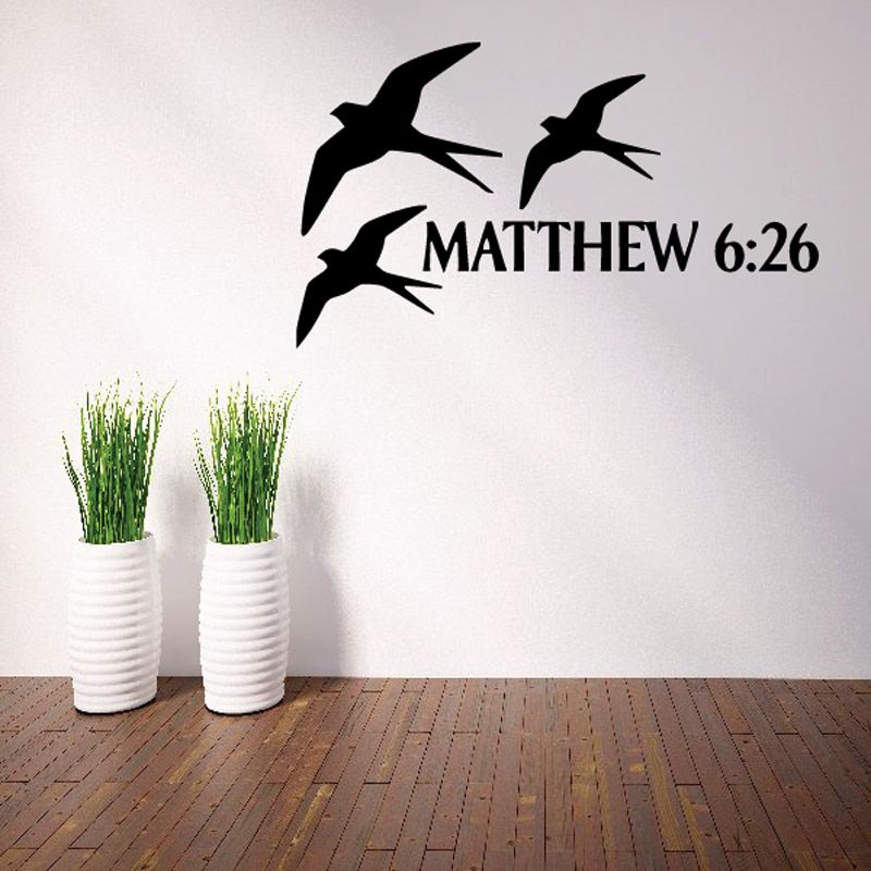Wall decal with black bird silhouettes and “MATTHEW 6:26” text