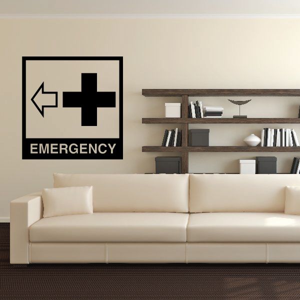 Emergency wall decal with cross, left arrow, and “EMERGENCY” text in black