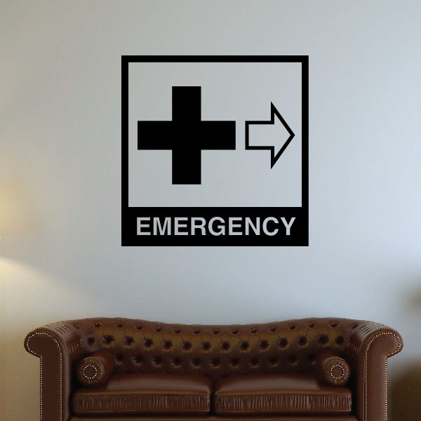 Emergency room wall decal with black cross, right arrow, and "EMERGENCY" text