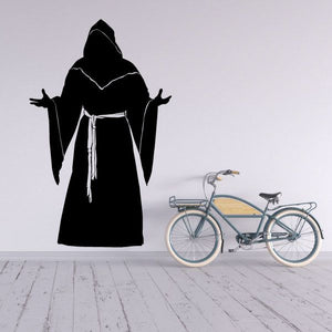 Medieval priest robe wall decal, black hooded figure with long sleeves and hands out