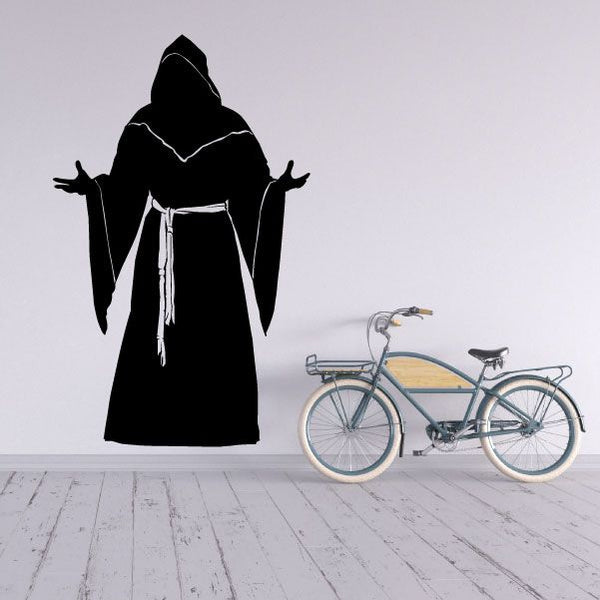 Medieval priest robe wall decal, black hooded figure with long sleeves and hands out