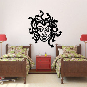 Medusa face wall decal with black flowing hair swirl design