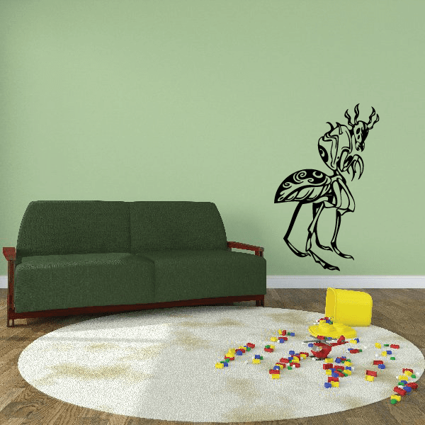 Menacing praying mantis wall decal in black with curled wings