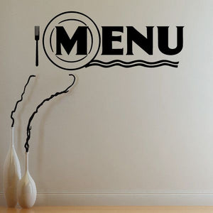 Menu wall decal vinyl with fork, knife, circular M logo and word MENU