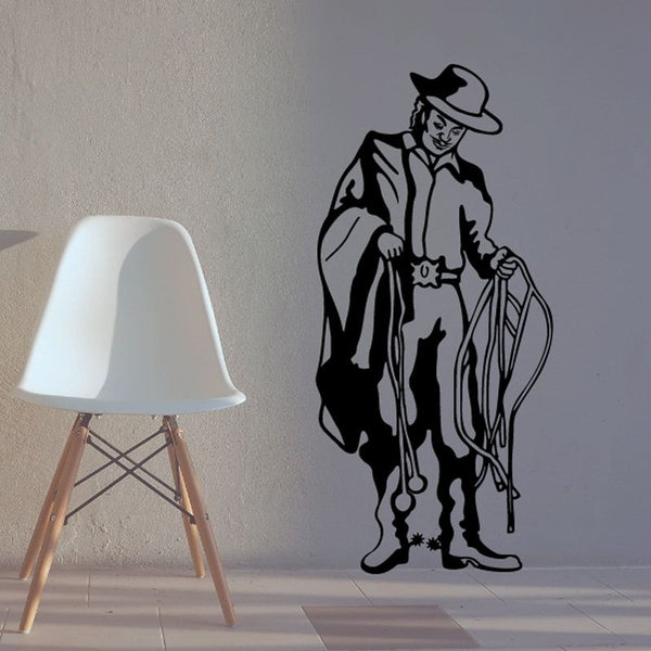 Cowboy rodeo wall decal, black vinyl silhouette of a standing cowboy in hat