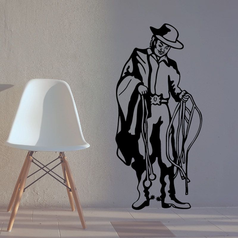 Cowboy rodeo wall decal, black vinyl silhouette of a standing cowboy in hat