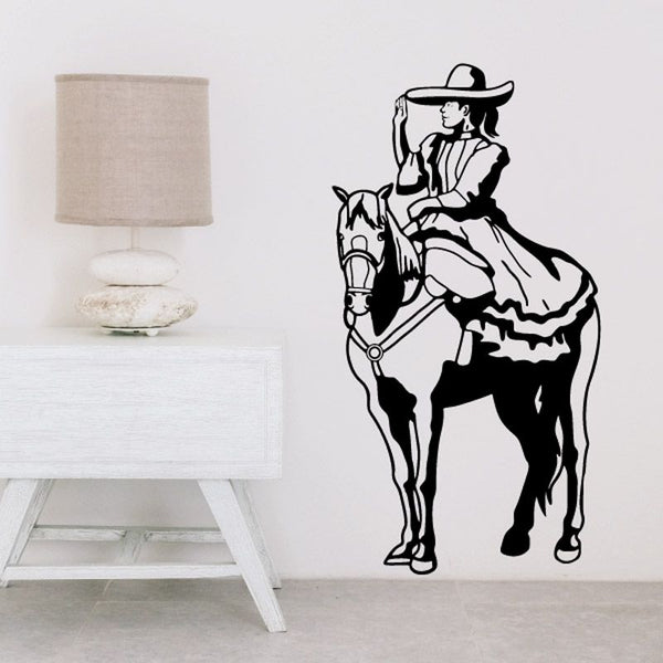 Rodeo cowboy on horseback vinyl wall decal, black outline design