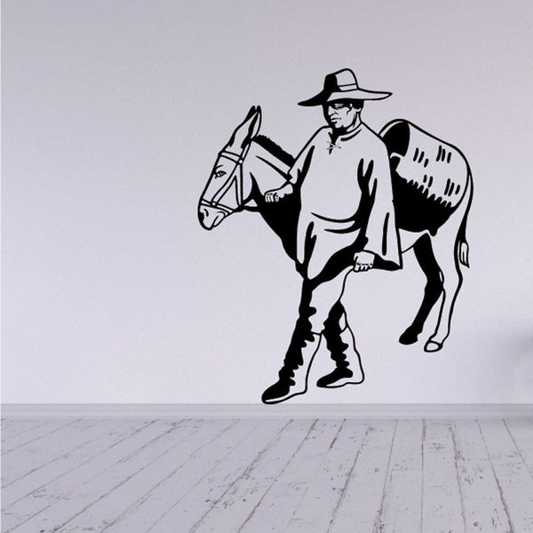 Cowboy rodeo vinyl wall decal with lasso and bull silhouette, black