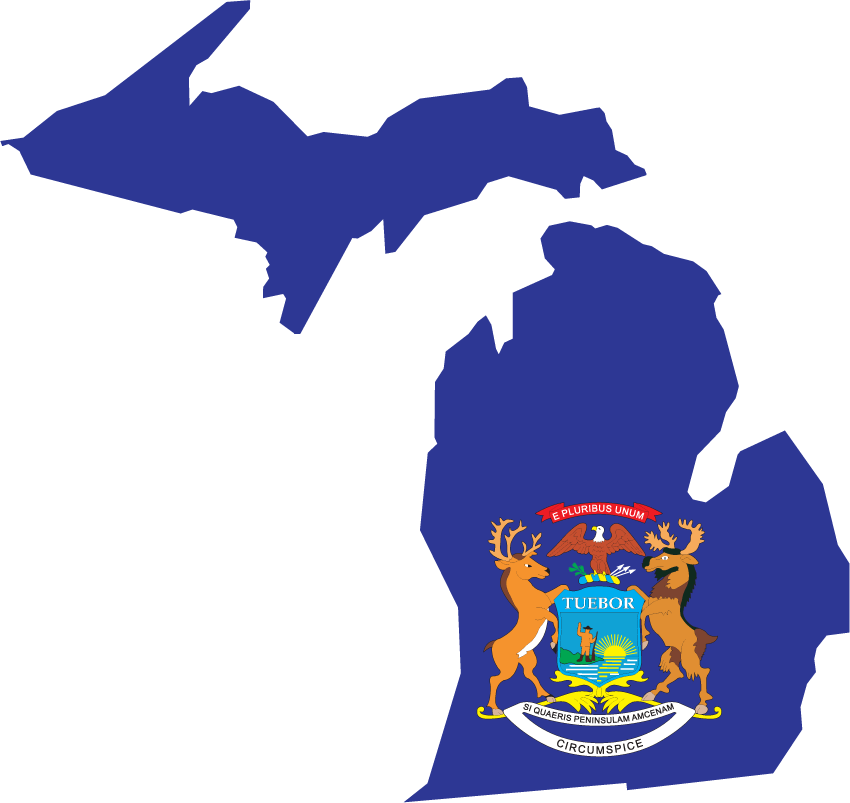 Michigan-shaped state flag sticker with blue field and state seal emblem