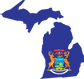 Michigan-shaped state flag sticker with blue field and state seal emblem