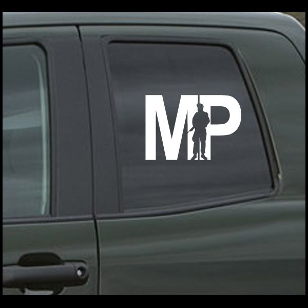 White MP logo decal with police officer silhouette for vehicle window.