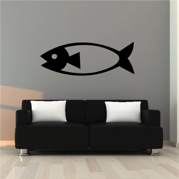 Minimal fish design decal, black outline with triangle body and eye, wall sticker.
