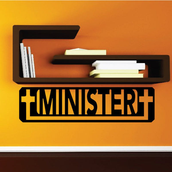 Black cross wall decal with bold 'MINISTER' lettering
