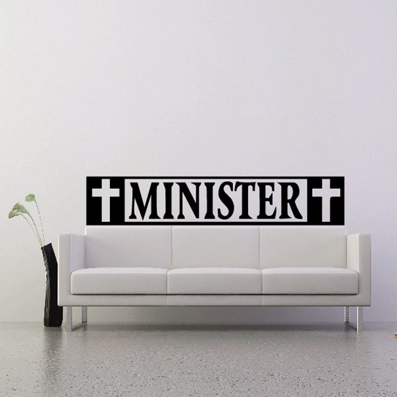 Minister wall decal with bold black lettering and white cross symbols