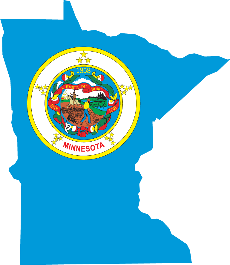 Minnesota state flag sticker in blue state shape with circular seal graphic